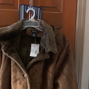 Faux suede faux fur lined coat knee length